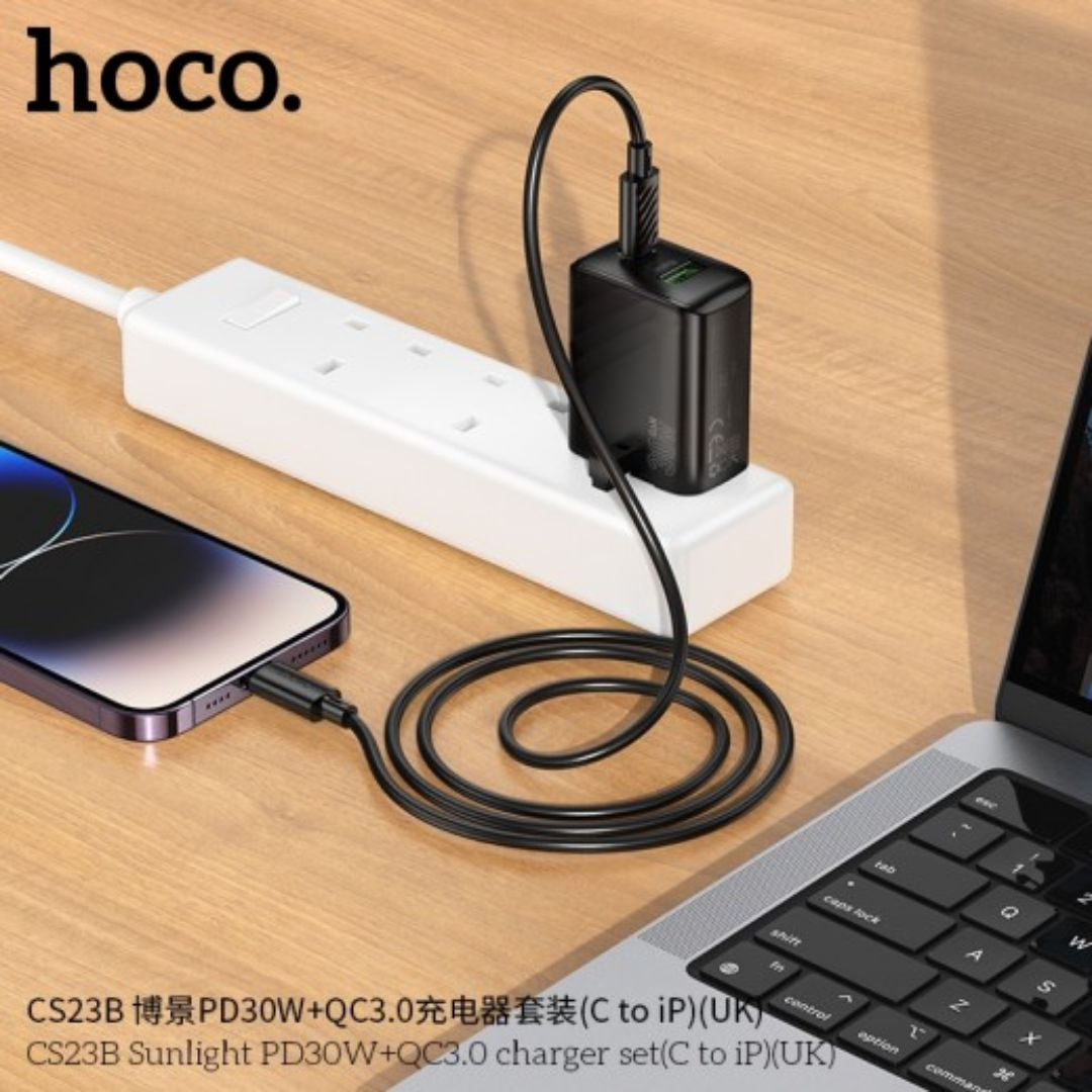 Hoco CS23B Sunlight PD30W+QC3.0 Charger Set with C to iP Cable, Black