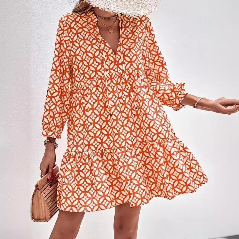 Women's Floral Printed V-Neck Long Dress with 3/4 Sleeves