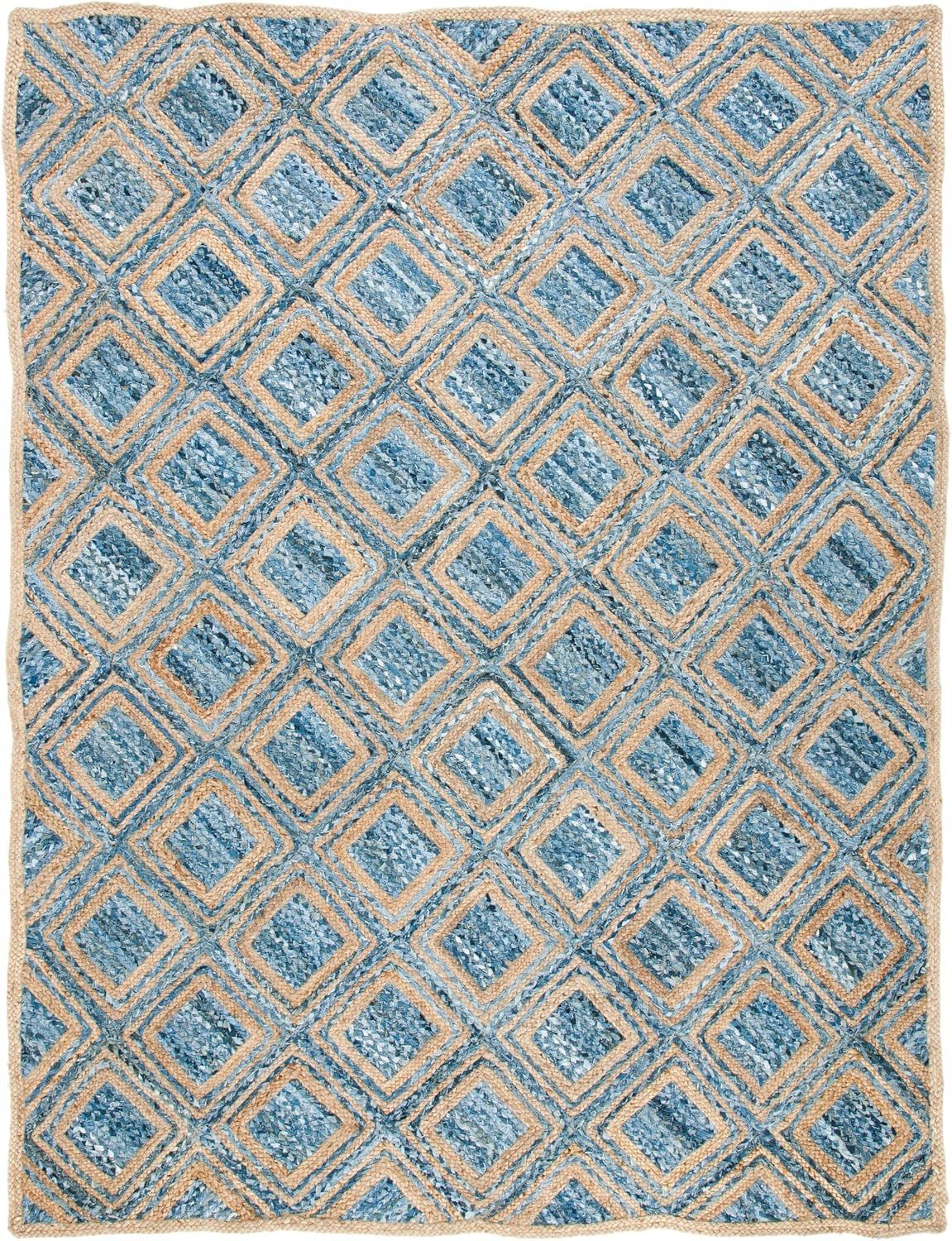 Denim Jute Rectangular Rug Diamond Pattern | Blue Beige Handwoven Area Carpet
