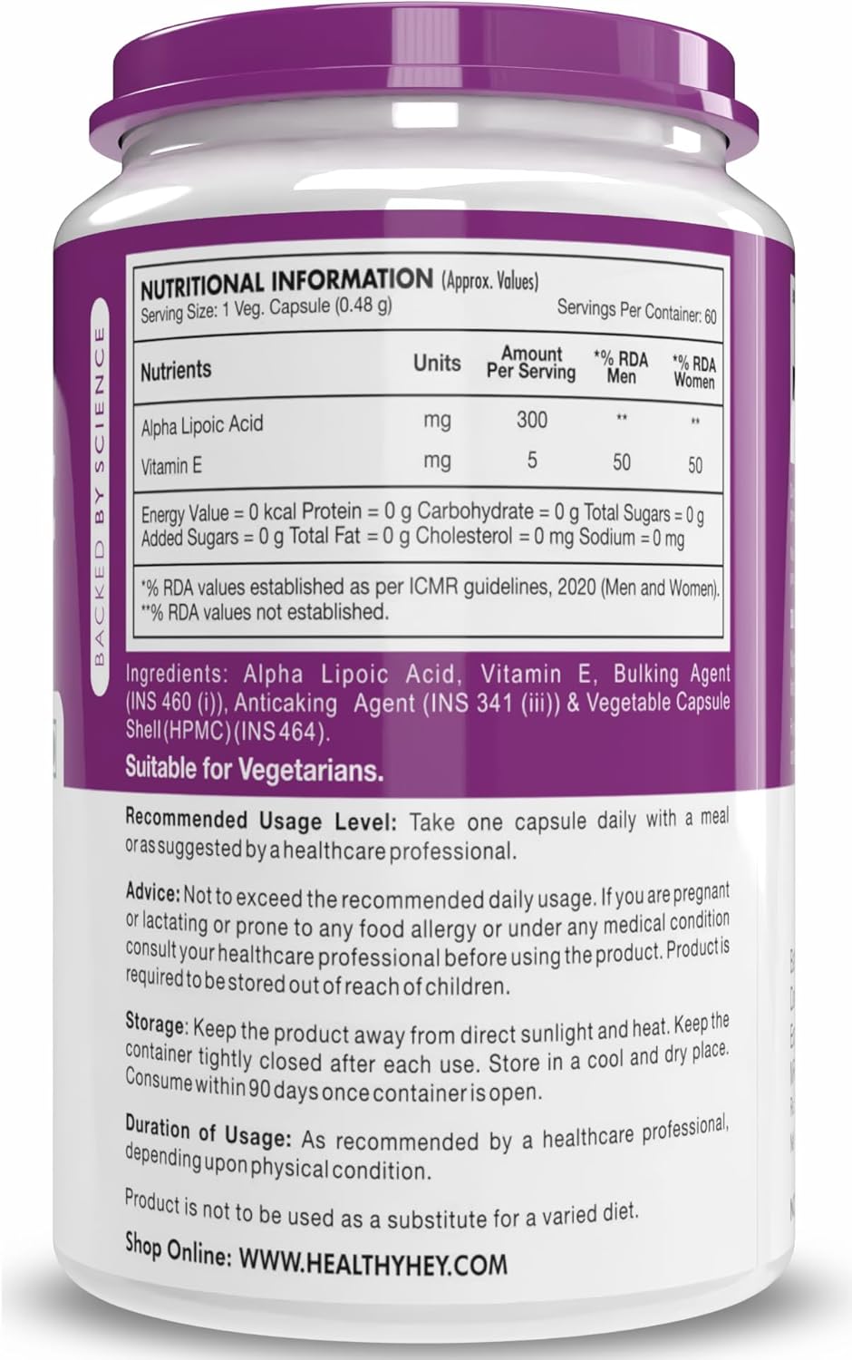 HealthyHey Alpha Lipoic Acid - ALA- Pack of 60 Veg. Capsules - Gluten Free & Non-GMO, 133 grams