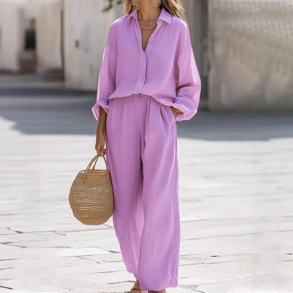 Women's Cotton Casual Lapel Shirt & Long Pants Set