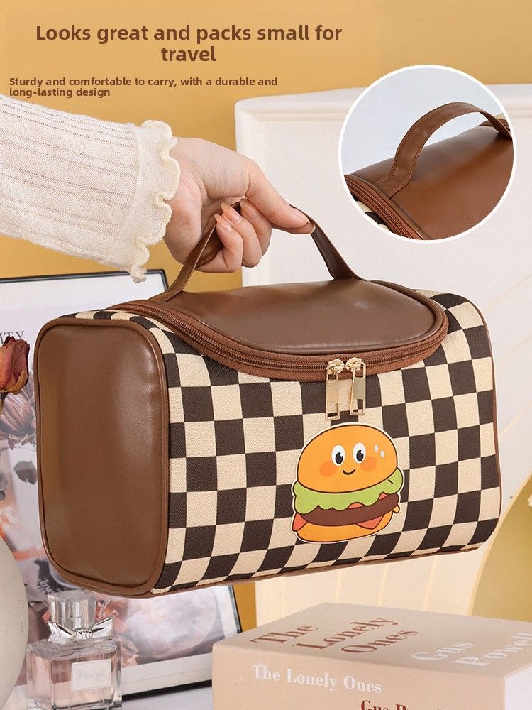 Checkered Makeup Bag with Hamburger Print