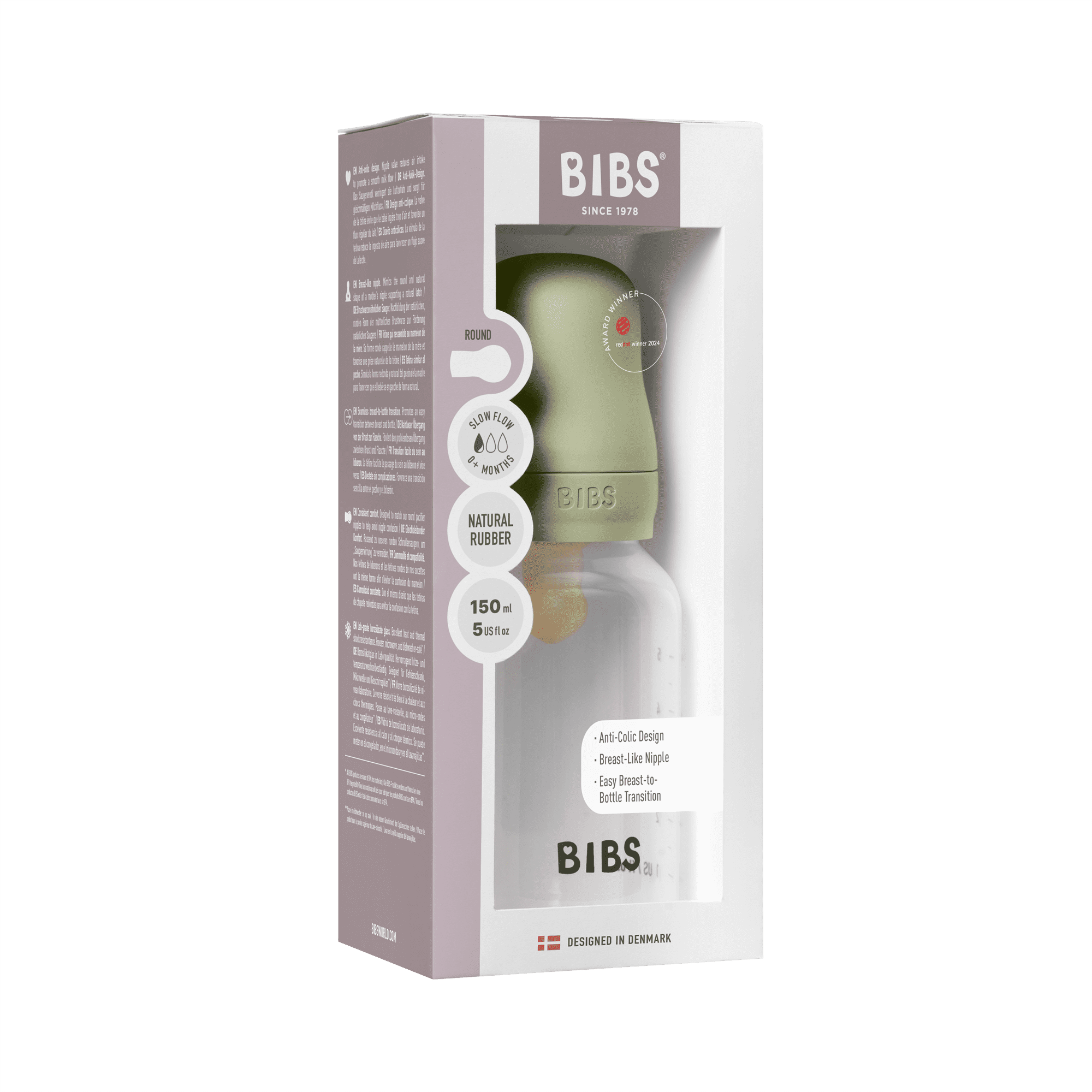 BIBS Baby Bottle with Round Latex Nipple – 150 ml Slow Flow | Sage