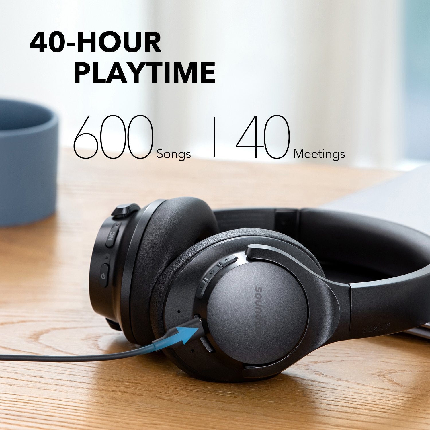 Anker Soundcore Life Q20+ Active Noise Cancelling Headphones, Hi-Res Audio Wireless Over-Ear Headphones, Black