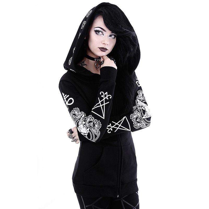 Autumn And Winter Women's Irregular Punk Hooded Jacket Printed Cardigan Sweatshirt