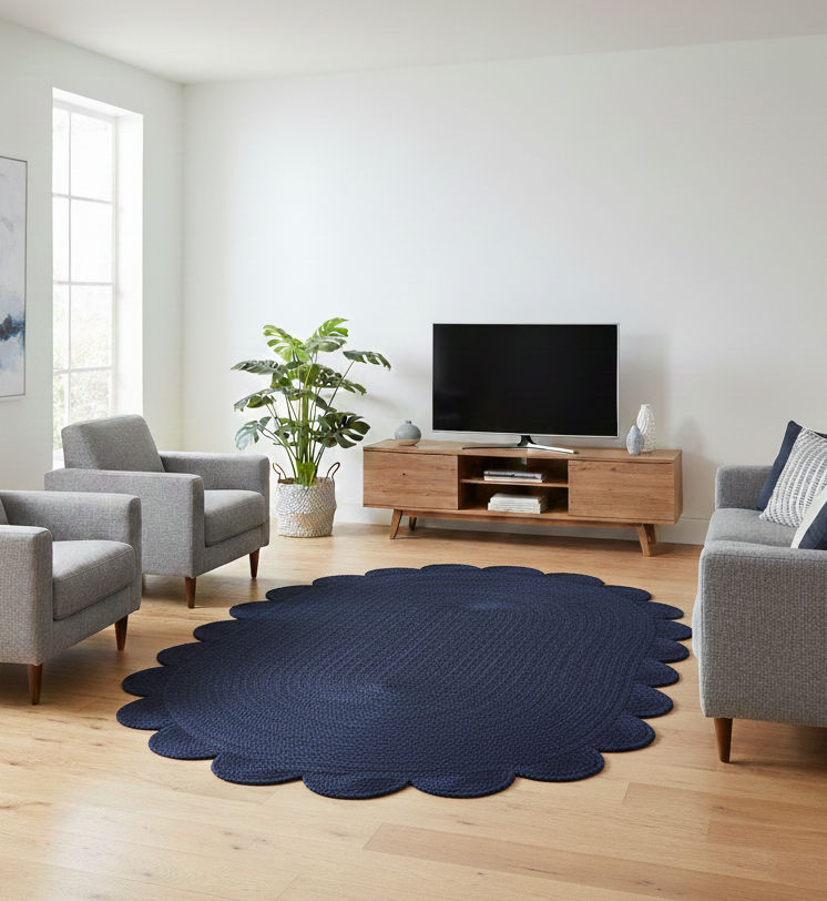 Navy Blue Jute Rug Scalloped Round Carpet | Handwoven Boho Living Room Floor Rug