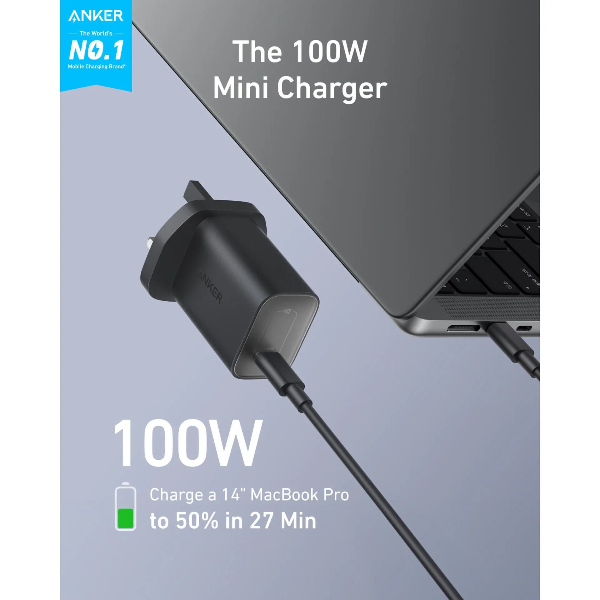 Anker 100W Nano Charger with 6ft USB-C Cable, PD Fast Charging, Compact UK Plug, B2679K11