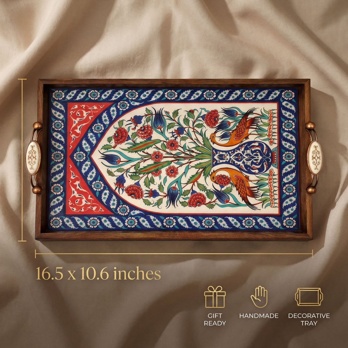 Handmade Wooden Serving Tray with Turkish Ceramic Tile Decor