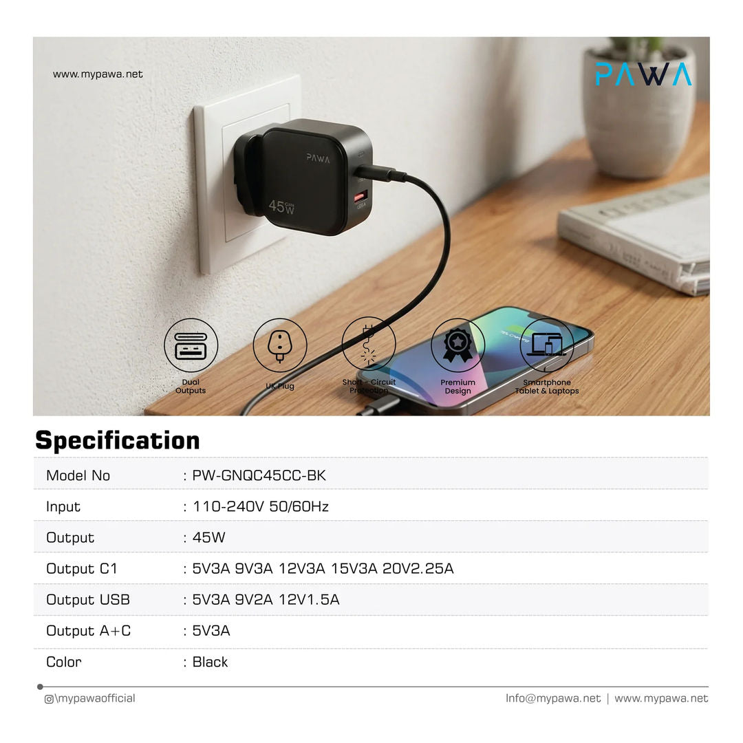 Pawa Quick Gan 45W PD+QC Adapter With USB Type-C To USB Type-C Cable, Black