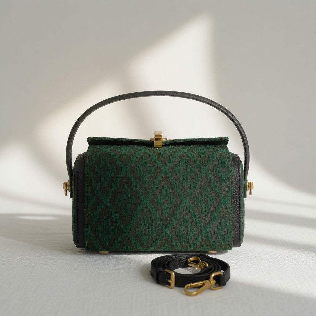 Jamila Designer Emerald Ikat Heritage Barrel Bag, Green