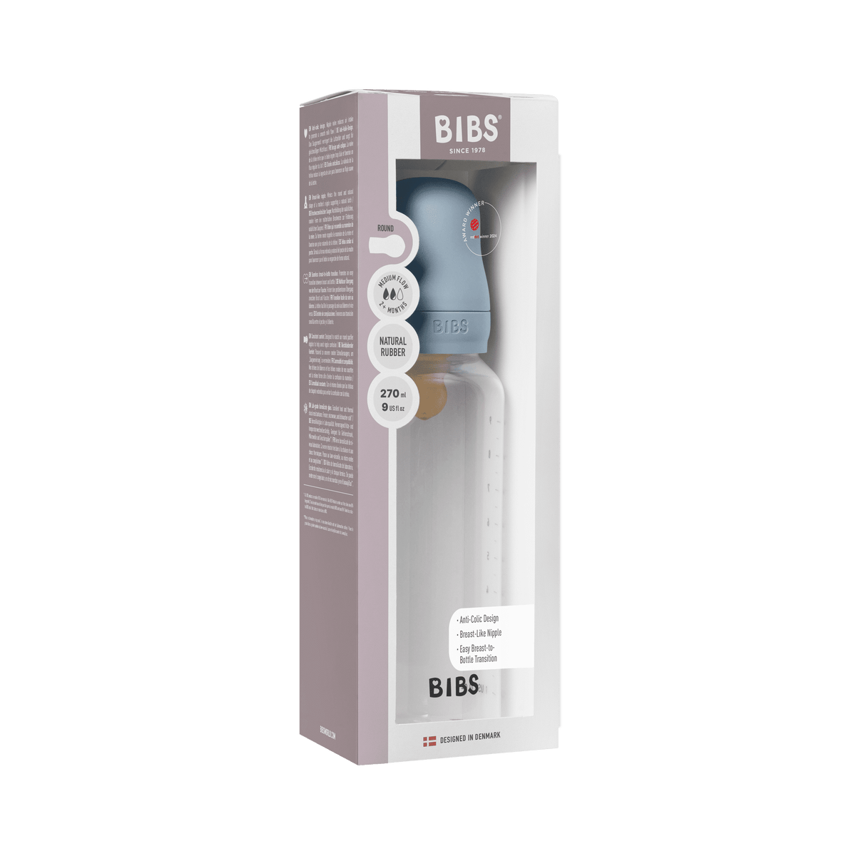 BIBS Baby Bottle with Round Latex Nipple – 270 ml Medium Flow | Baby Blue