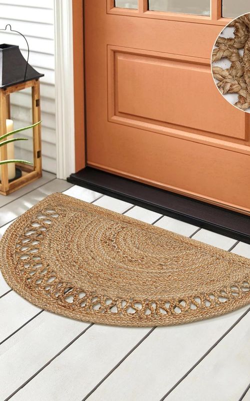 Reversible Braided Doorway Rug Eco-Friendly Half Circle 33" L for All Seasons (Beige/Black)