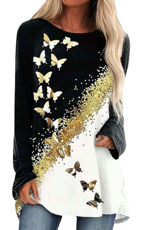 Womens Long Sleeve Butterfly Pullover Autumn Crew Neck Shirt Plus Size Loose Tops