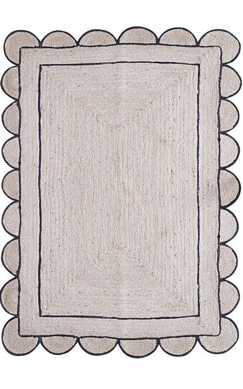 White Jute Rug with Black Border Scalloped Edge | Handwoven Rectangular Boho Carpet