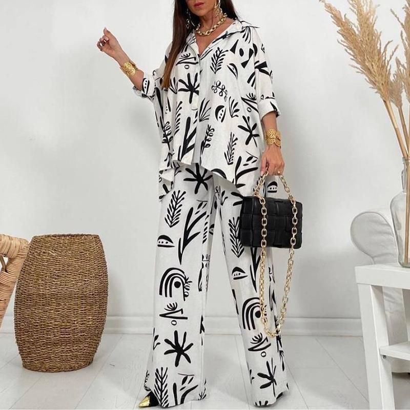 Plus-Size Women's Loose Button-Up Shirt & Straight-Leg Pants Set