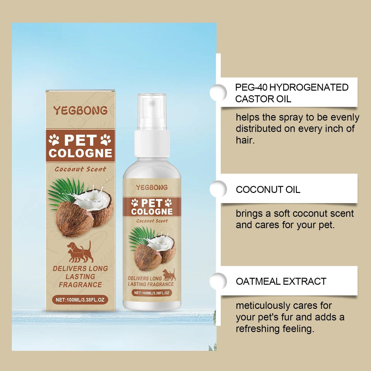 Coconut Fresh and Deodorizing Pet Spray, Natural Odor Eliminator for Cats and Dogs ,100ml
