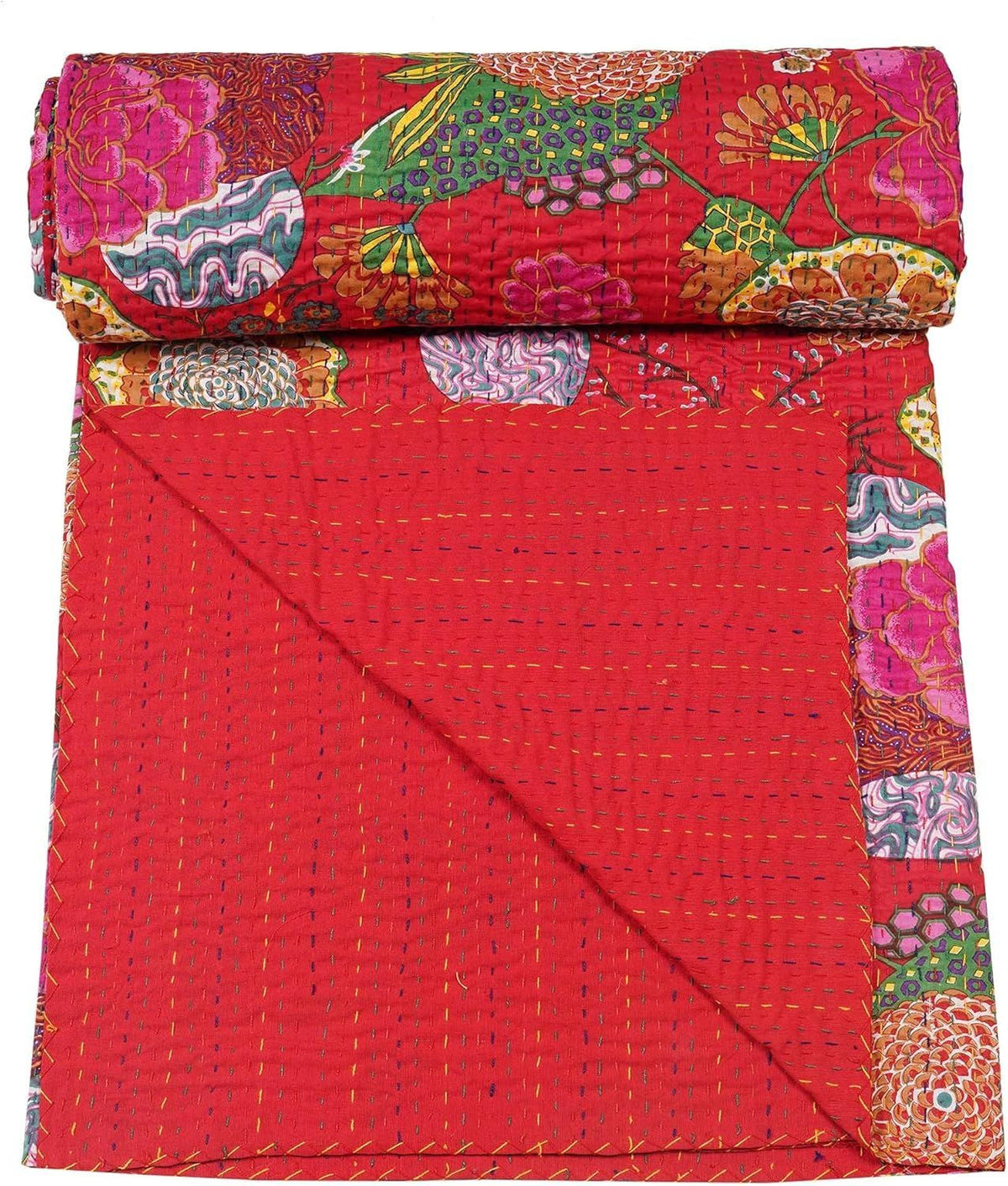 Red Flower Kantha Quilt Handmade Cotton Bedcover | Traditional Indian Floral Bedding