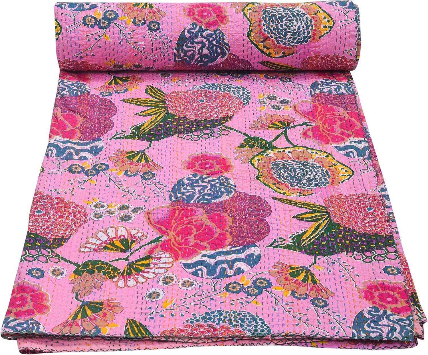 Pink Cotton Quilt Floral Kantha Bedspread | Lightweight Handmade Indian Bedding