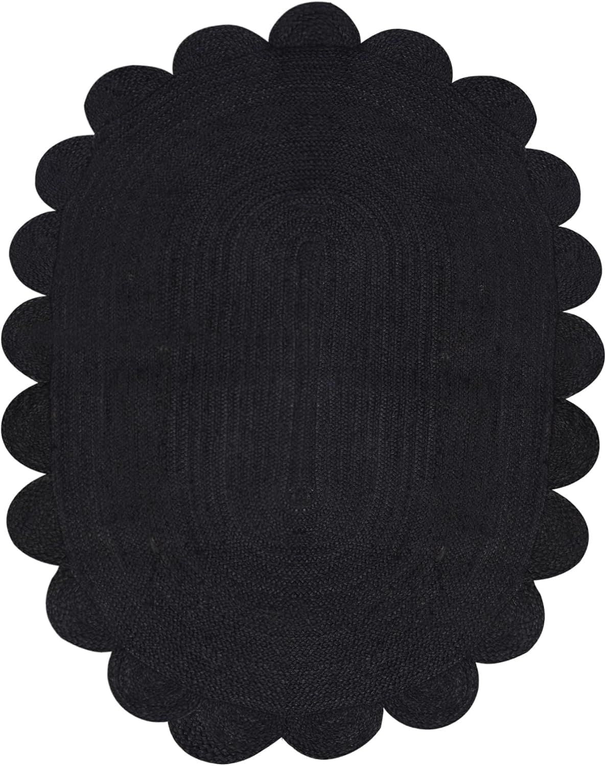 Black Oval Jute Rug Scalloped Edge Handwoven Carpet | Modern Boho Floor Mat