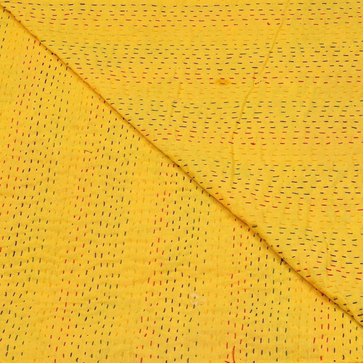 Yellow Kantha Bedcover – Handmade Floral Cotton Quilt | Boho Vintage Bedspread