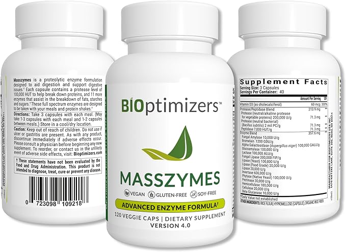 BiOptimizers Complete Gut Health Bundle - Bloating Relief and Digestive Balance - P3-OM, Gluten Guardian, MassZymes (270 Capsules)