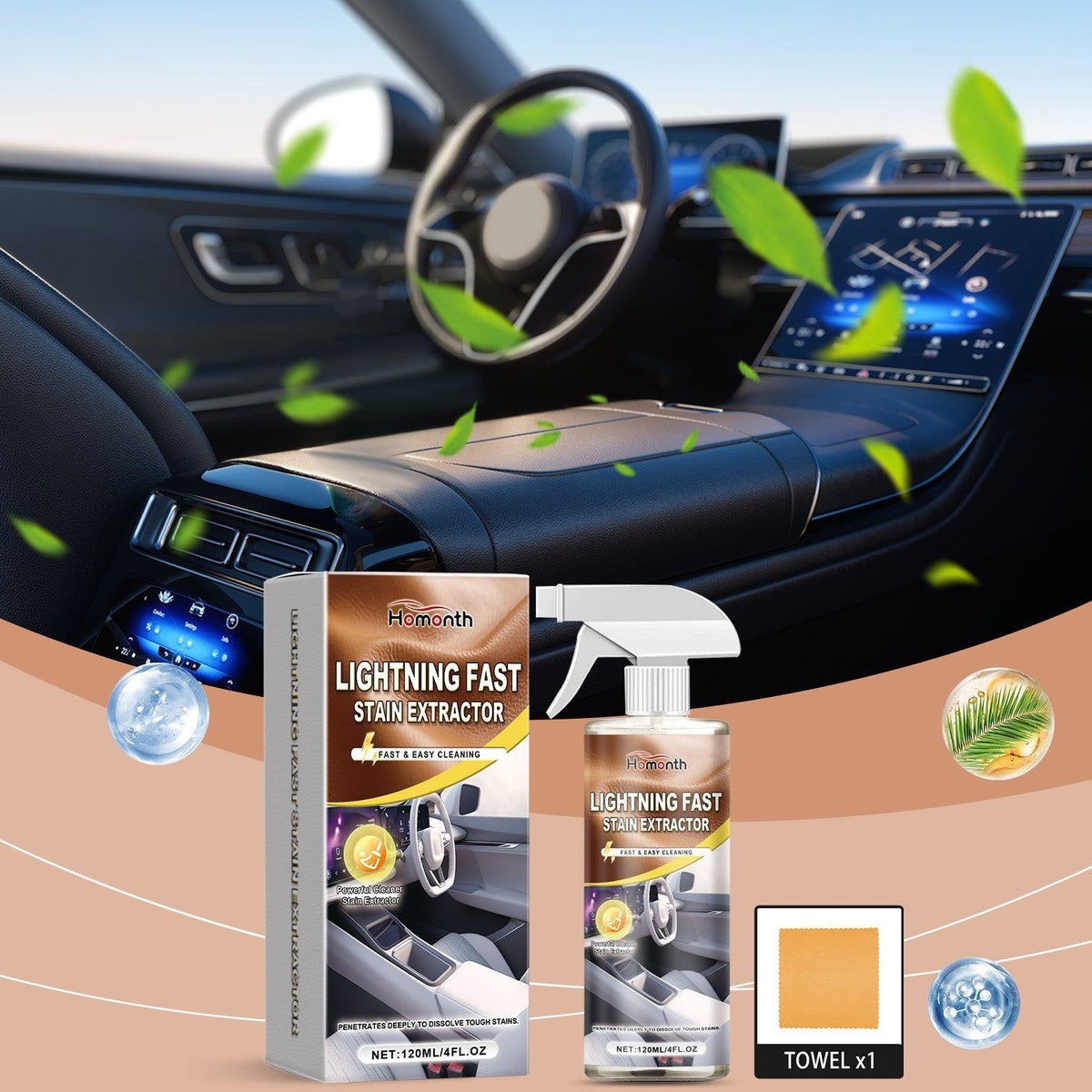 Car Interior Cleaner, Leather Fabric Plastic Stain Remover, Deep Clean, Eco-Friendly ,1set