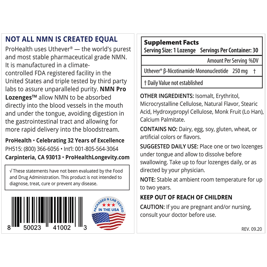 ProHealth NAD+ Pro Lozenges Featuring Uthever NMN 250 mg, 30 lozenges