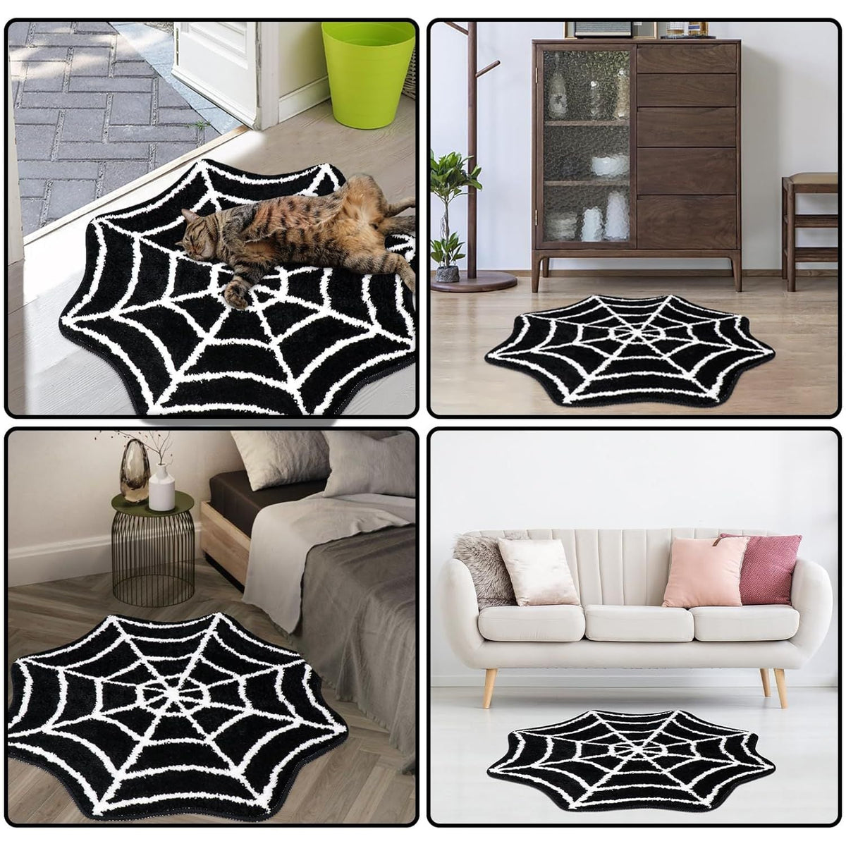 AIESY® Live Beautiful ! Spider Web Bath Mat, Black and White, Non-Slip Halloween Theme Bathroom Rug, Gothic Home Decor (28X28 inch)