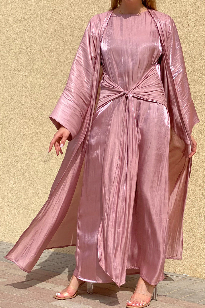 MOiSTREET Rotana Shimmer Lavender Pink Abaya Set Comes With 3 Piece