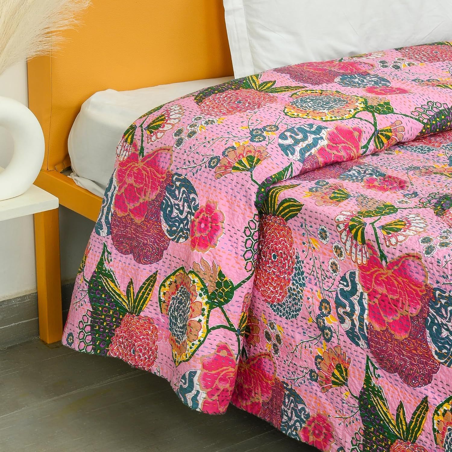 Pink Cotton Quilt Floral Kantha Bedspread | Lightweight Handmade Indian Bedding