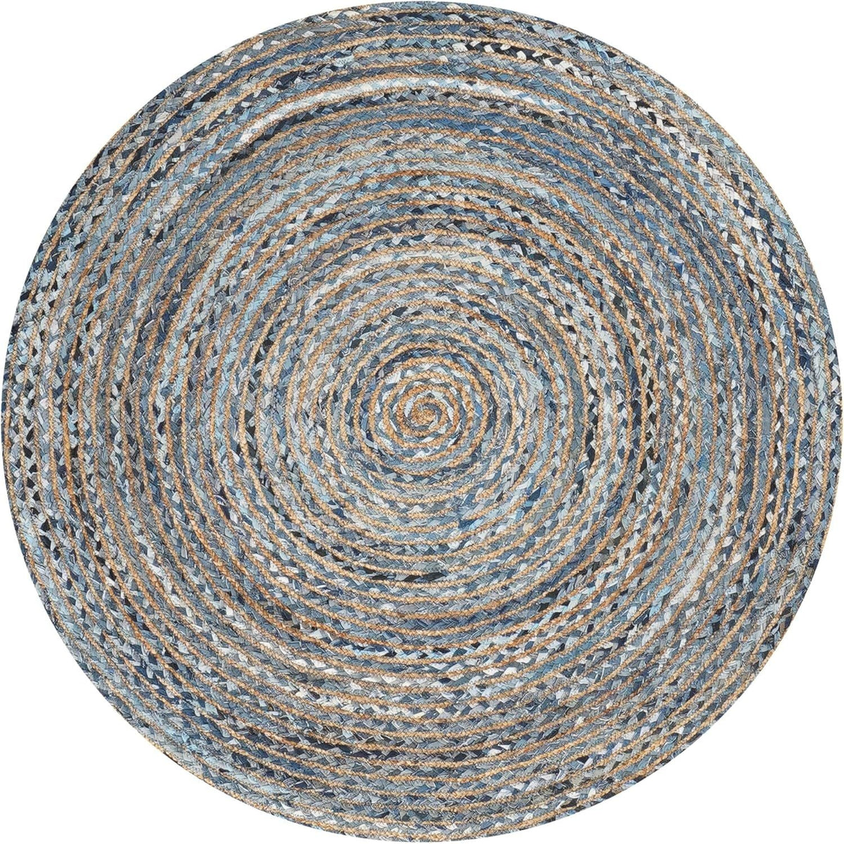 Round Denim & Jute Rug Spiral Pattern | Handwoven Blue Natural Fiber Area Rug