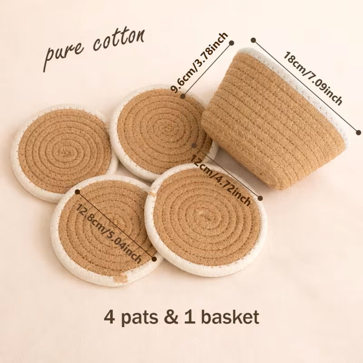 Woven Cotton Round Coaster Set of 4 with Storage Basket, Heat Resistant, 15 cm, Natural with Contrast Border (Beige/White)