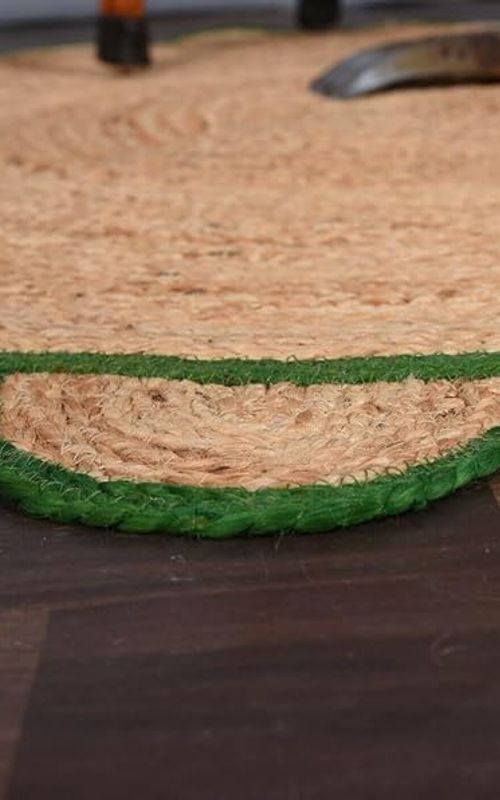 Handmade Natural Jute Area Rug with Green Scalloped Border – Eco Friendly Round Floor Carpet for Living Room & Bedroom