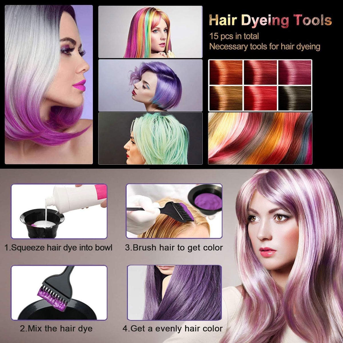 14Pcs Professional Hair Dye Kit with Bowl, Brush & Clips