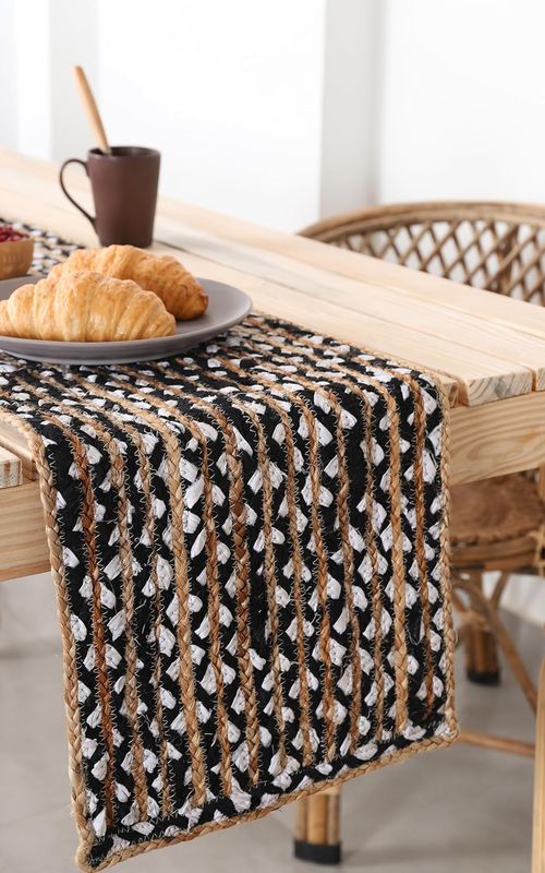 Indian Handmade Natural Jute With Black and White Cotton Dining Table Runner