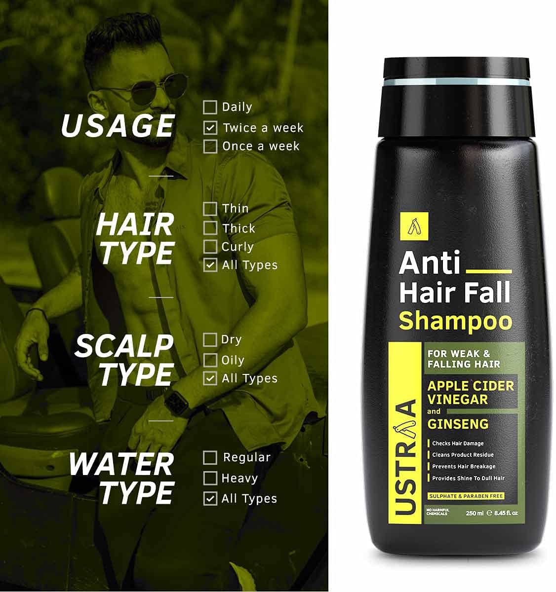 USTRAA Anti-Hair Fall Shampoo APPLE CIDER VINEGAR and GINSENG 250 ml