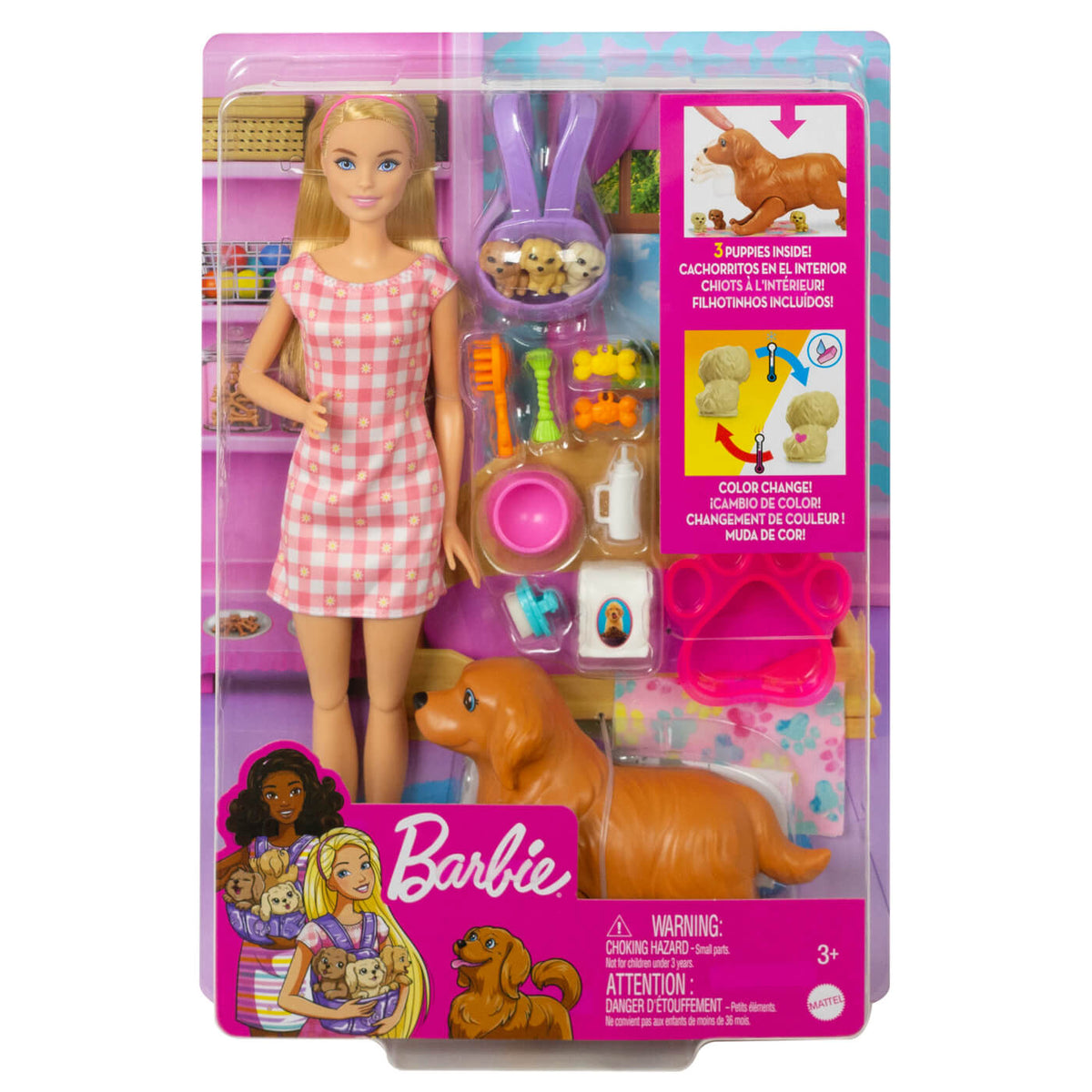 Barbie Doll & Pets Set, Blonde Doll with Mommy Dog, 3 Newborn Puppies, Color-Change Feature & Pet Accessories