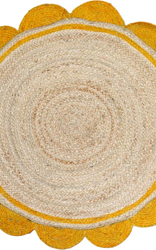 Natural Jute Round Area Rug with Yellow Scalloped Border – Handmade Eco-Friendly Floor Carpet