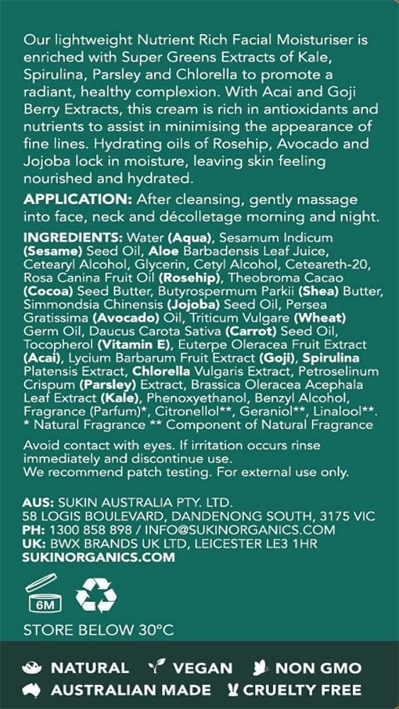 Sukin Supergreens Nutrient Rich Facial Moisturiser, 125 Ml