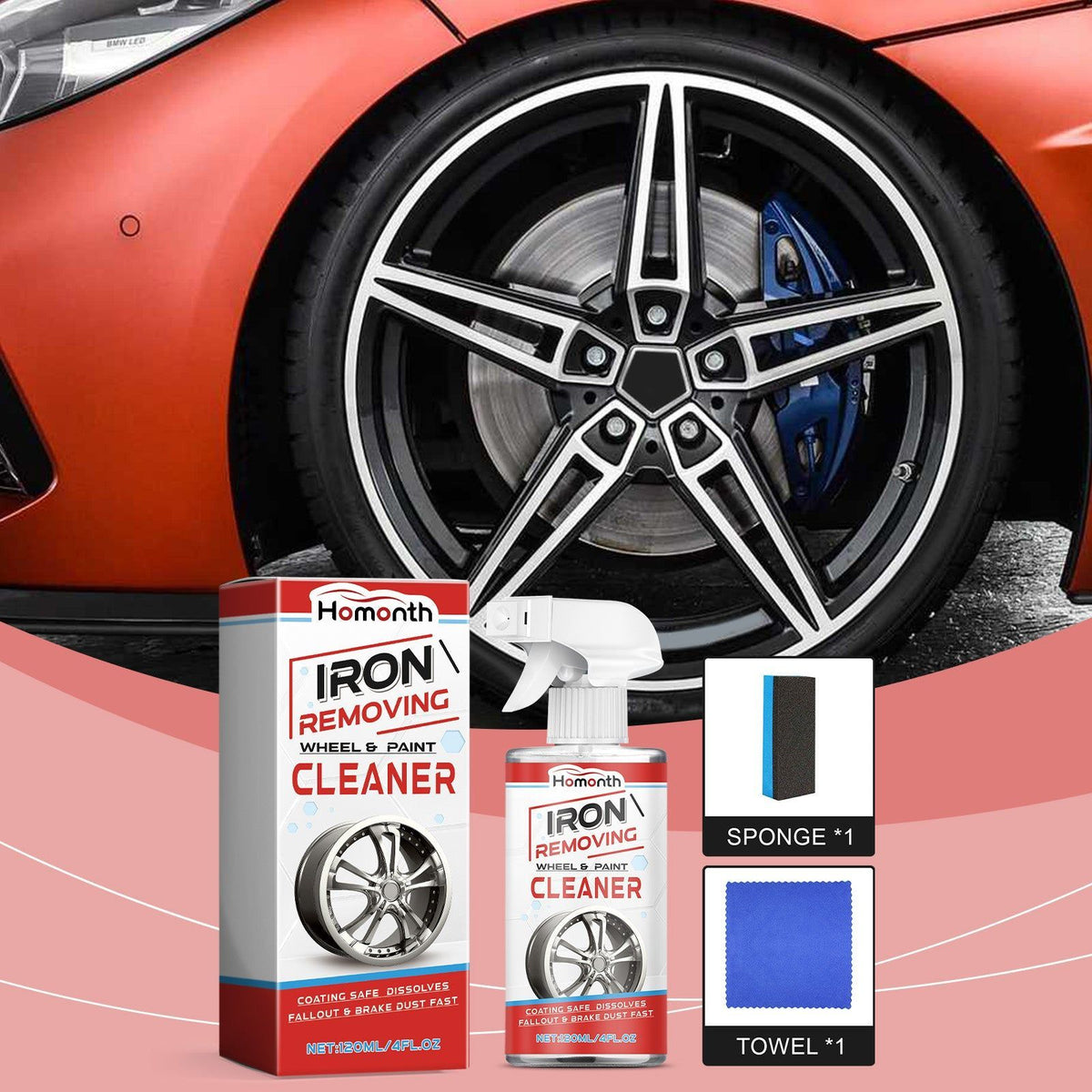Car Wheel Rust Removal Cleaner, Tire Rim Cleaning Decontamination Oil, Easy & Safe Automotive Wheel Care ,120ml+ sponge *1+ towel *1