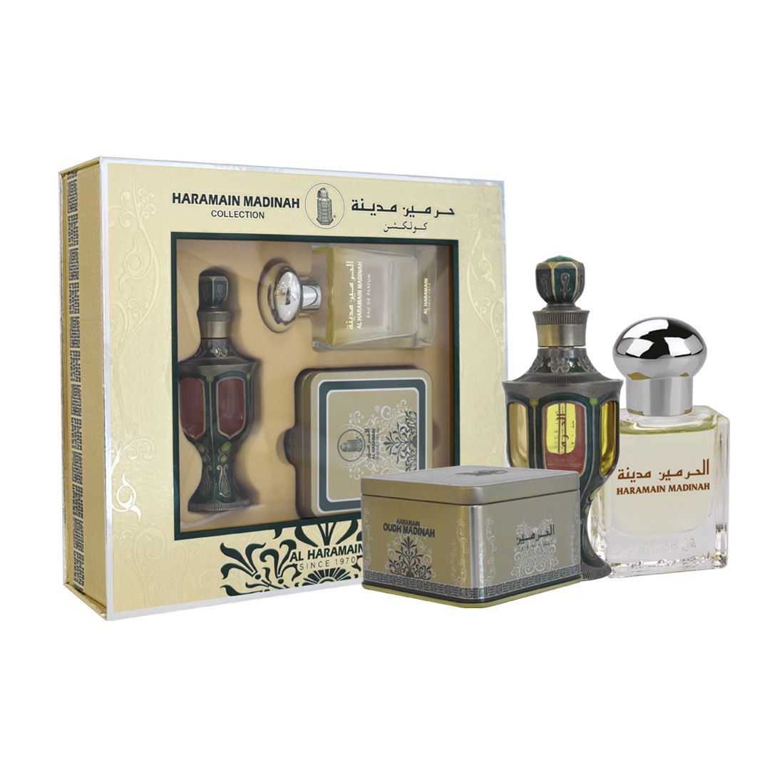 Al Haramain Madinah Collection Gift Set, Eau De Parfum 100ml + Perfume Oil 30ml + Bukhoor 40g, Luxury Fragrance Set