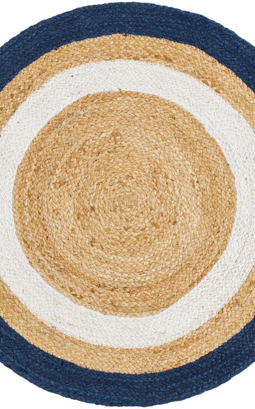 Handmade Natural Jute Round Floor Area Rug with White & Navy Blue Rings | Handwoven Coastal Area Rug