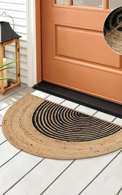 Reversible Braided Doorway Rug Eco-Friendly Half Circle 33" L for All Seasons (Beige/Black)