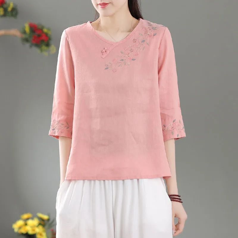 Cotton Linen Embroidered Relaxed Fit Short Sleeve Top For Women