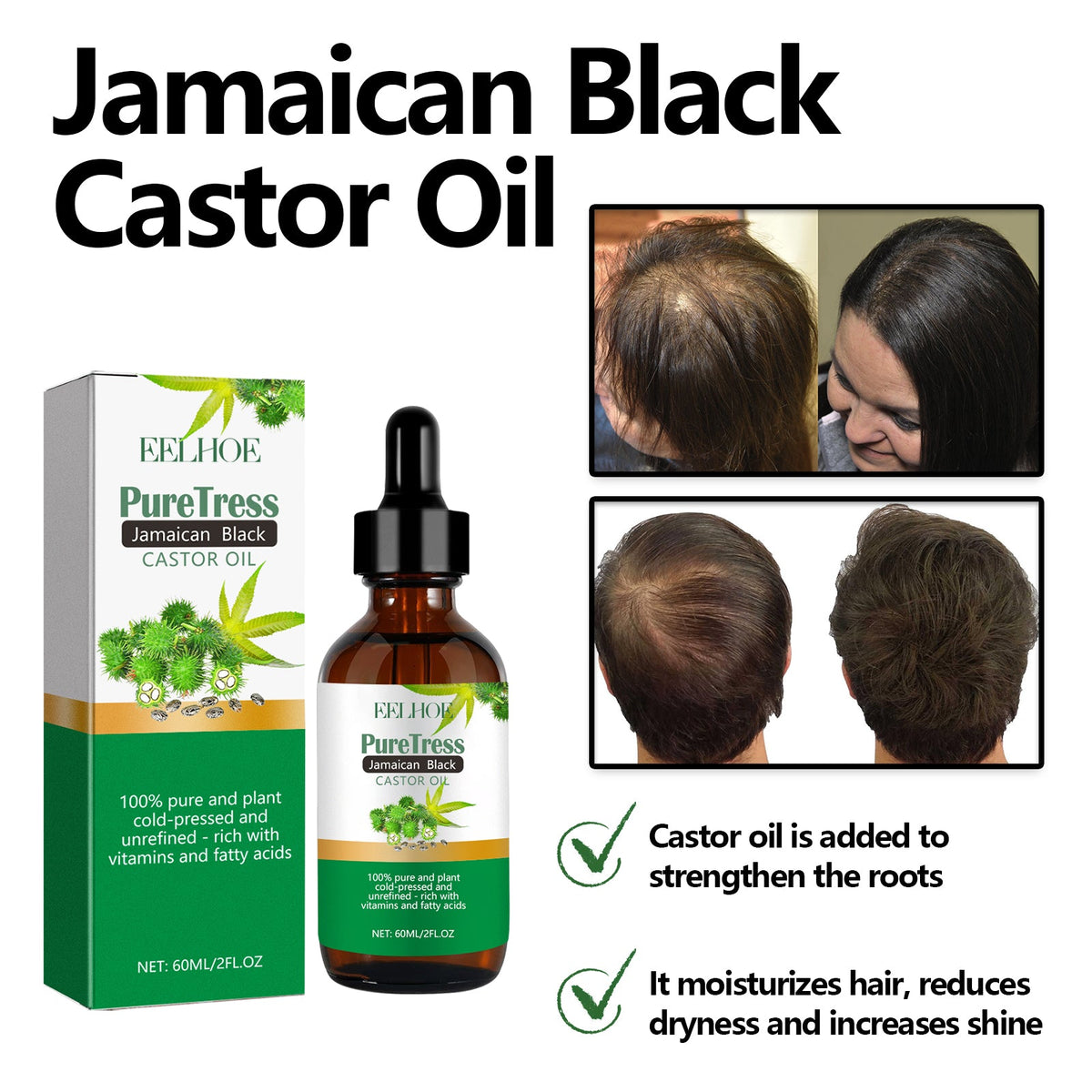 Castor Oil for Hair, Smooth and Moisturizing, Nourishes Scalp, Reduces Frizz ,60ml