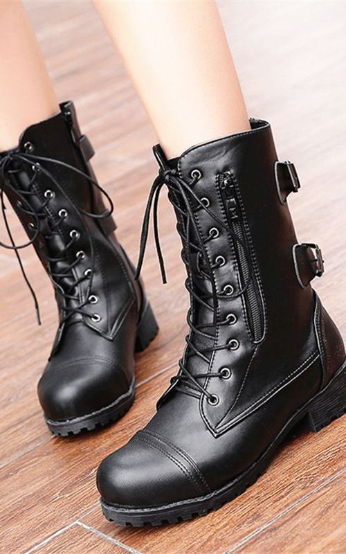 Women Round Toe Boots Buckle Zipper Lace Up Shoes Chunky Heel Mid Calf Riding Boots