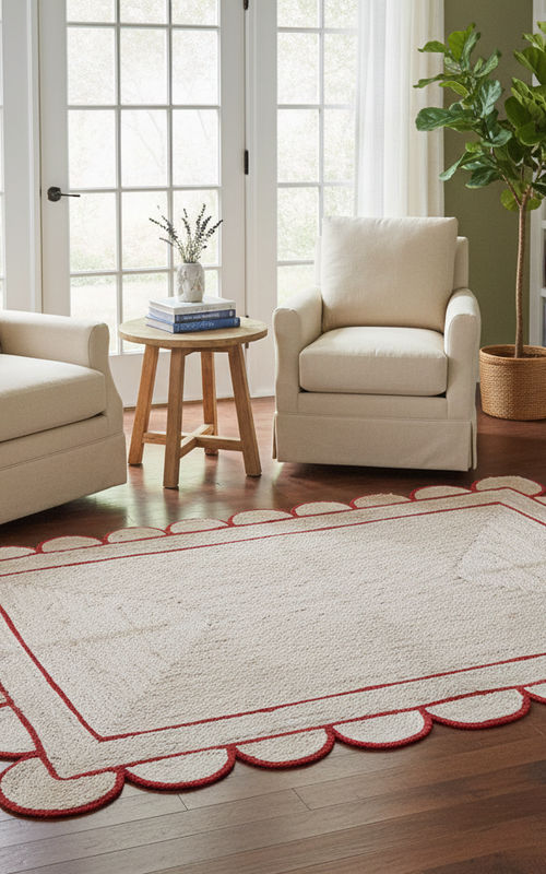 White Jute Rug with Red Border Scalloped Edge | Handwoven Rectangular Boho Carpet