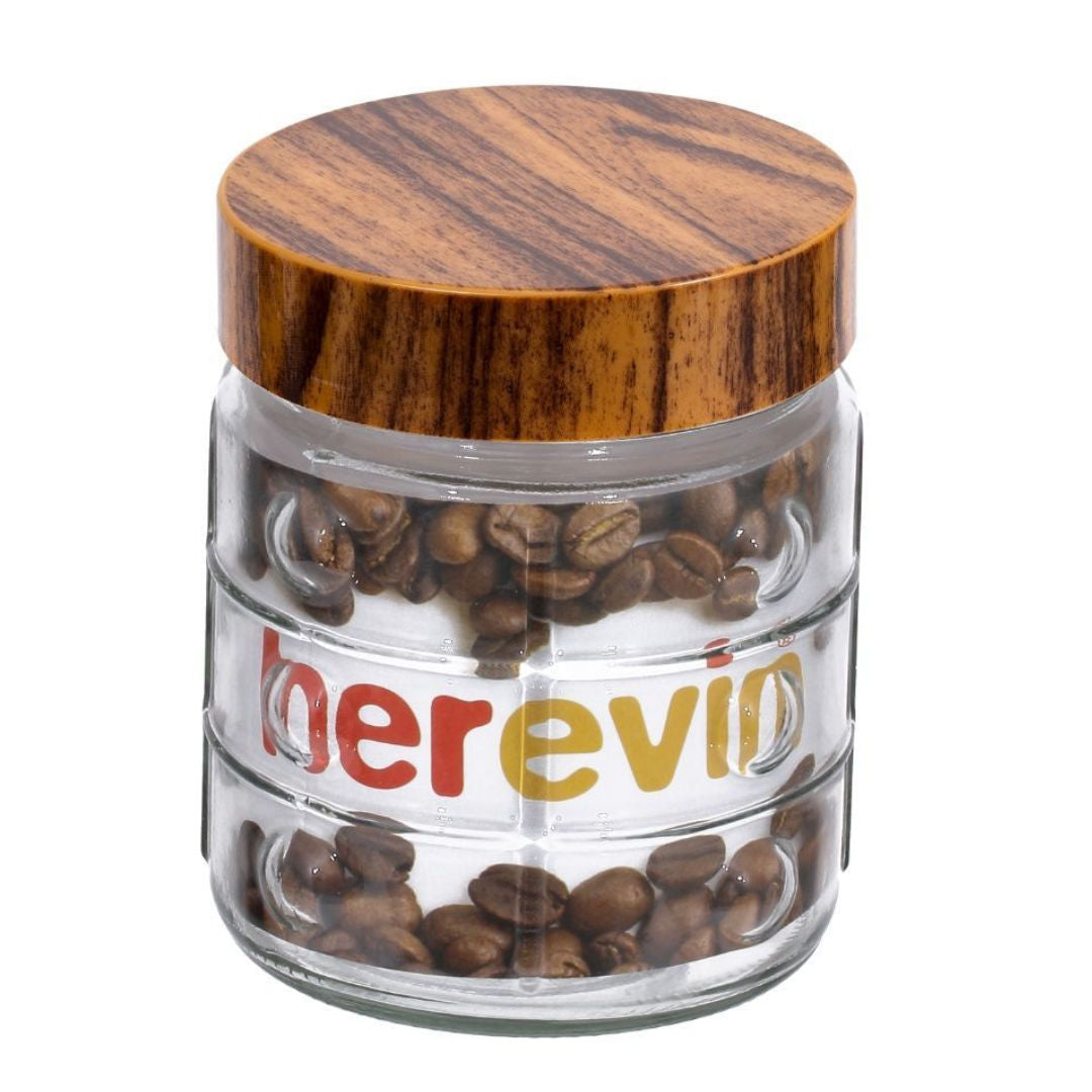 Herevin Glass Embossed Canister Jar With Wooden Pattern Lid