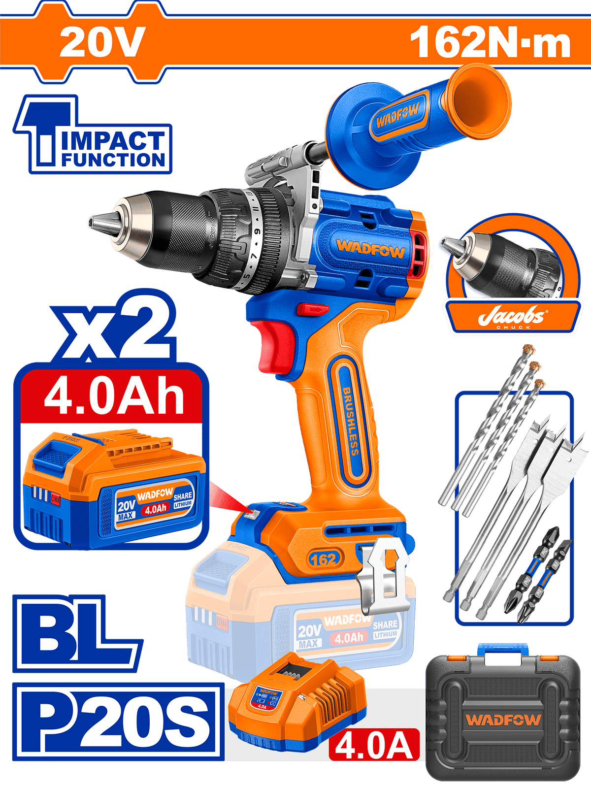 WADFOW 20V Brushless Cordless Impact Drill 162Nm with 2 battery and Carry Case
