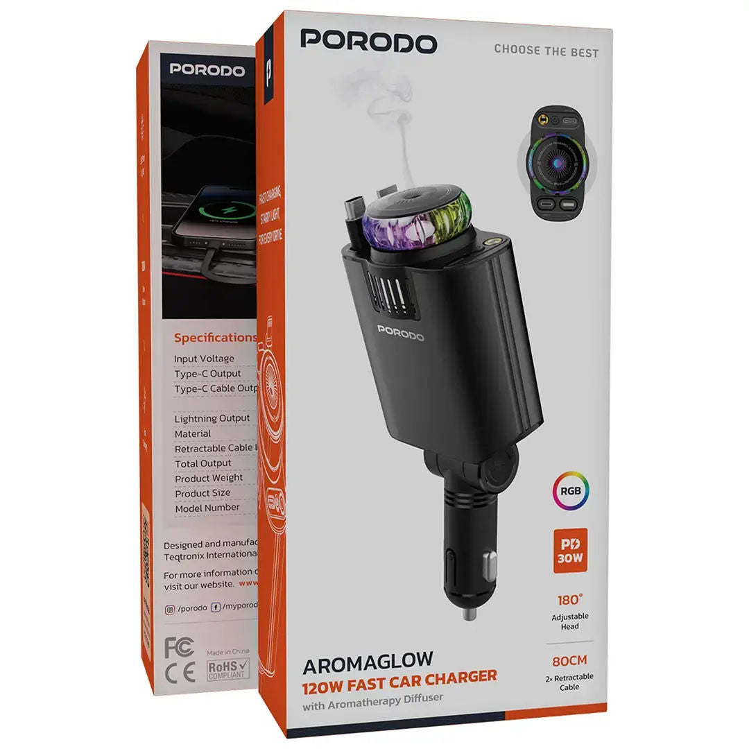 Porodo Aromaglow 120W Fast Car Charger with Aromatherapy Diffuser, Black